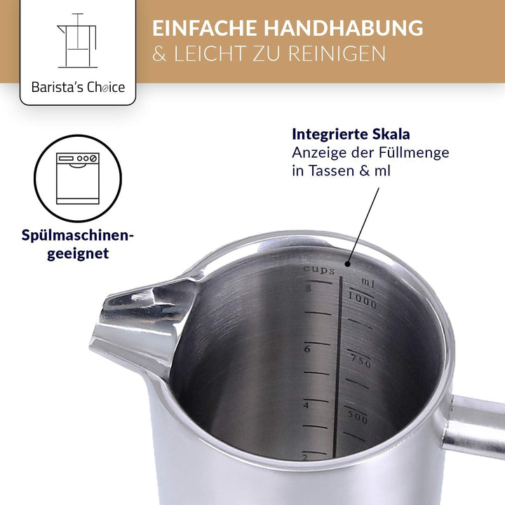 Barista's Choice French Press (max. 1 Liter) - hochwertiger Kaffeebereiter aus Edelstahl im edlen De