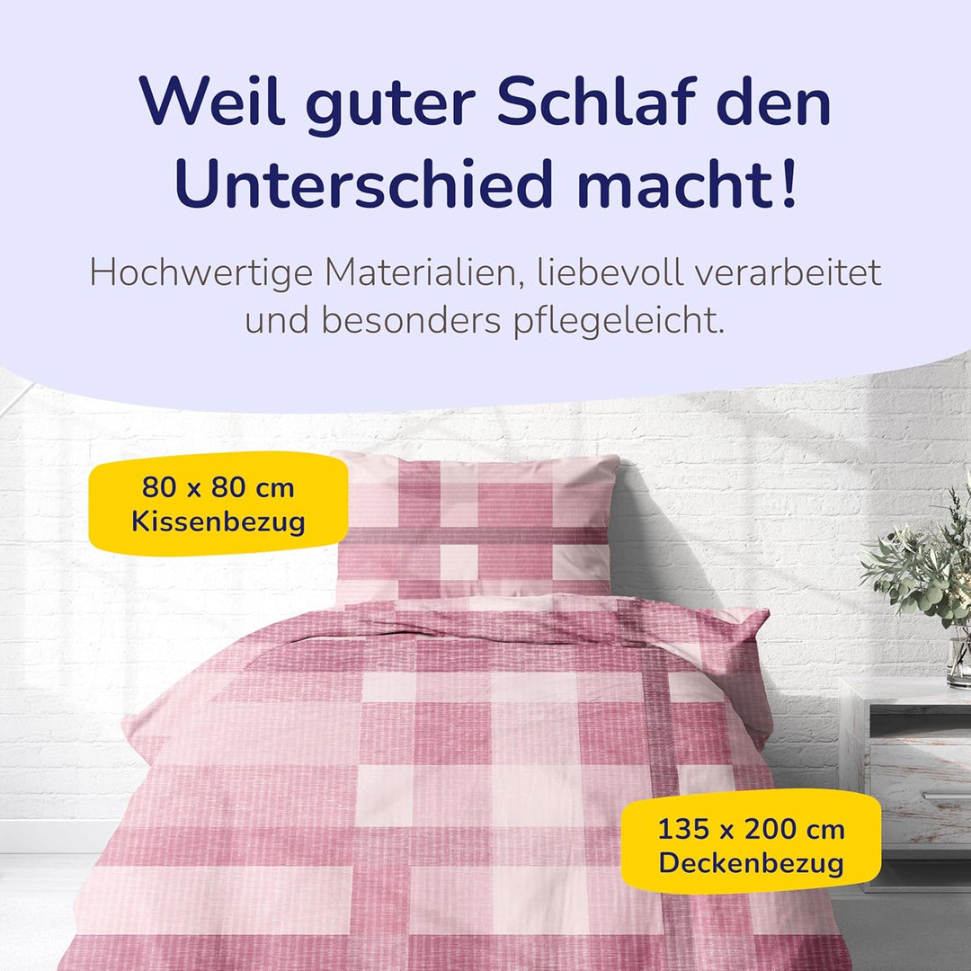 Träumschön Premium Bettwäsche 135x200 + 80x80 cm - Kariertes Design Rosa - Sommer Bettwäsche aus Bau