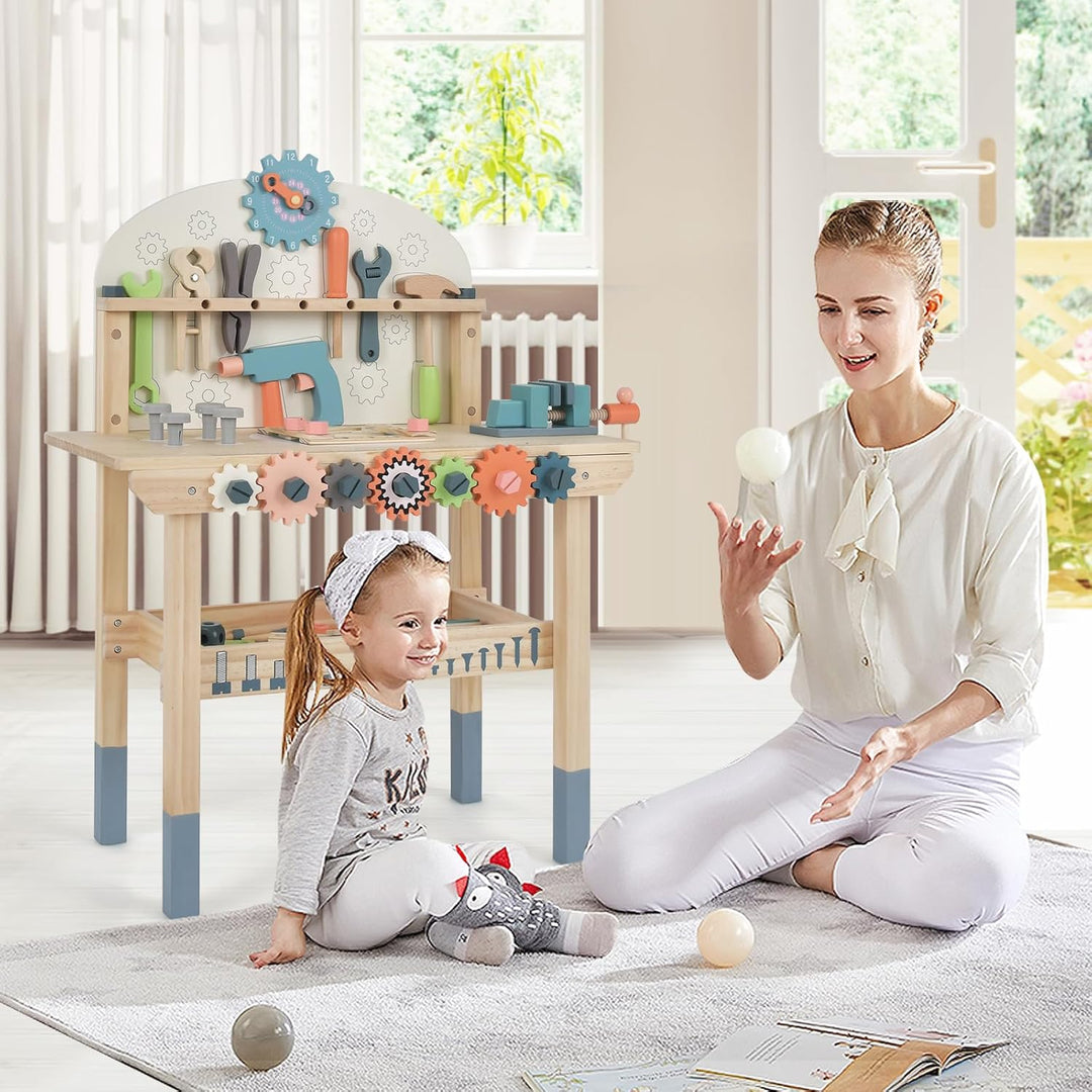 GOPLUS Kinder Werkzeugbank, Spielwerkbank aus Holz mit magnetischem Werkzeughalter, Arbeitsplatte &