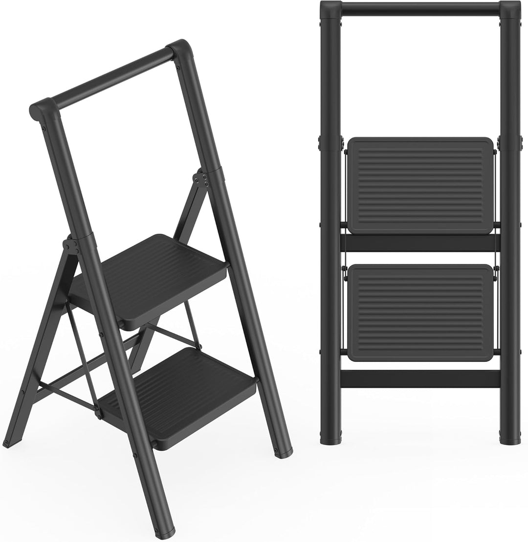 Aufun Trittleiter 2 Stufen, Klappleiter mit breitem Anti-Rutsch-Pedal, Mit Handlauf Haushaltsleiter
