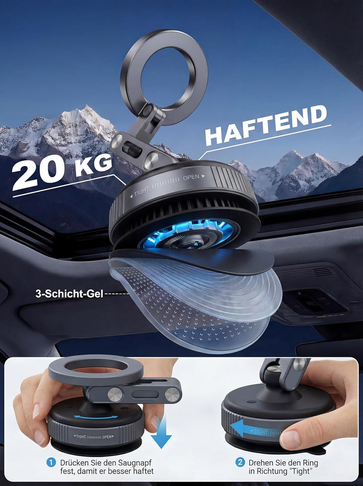 Upgraded Magnet-Halterung mit Saugnapf - 360° drehbar, 96LBS Ultra-Saugkraft für Auto/Fitnessstudio/