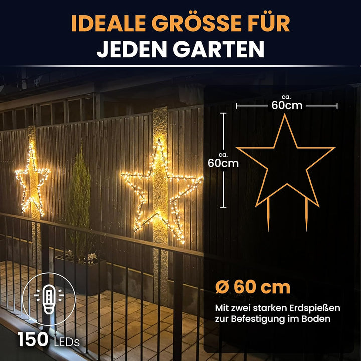 Gartenpirat Gartenstern mit Erdspiess Ø 60 cm 150 LED warmweiss mit Timer-Funktion Gartenstecker Wei