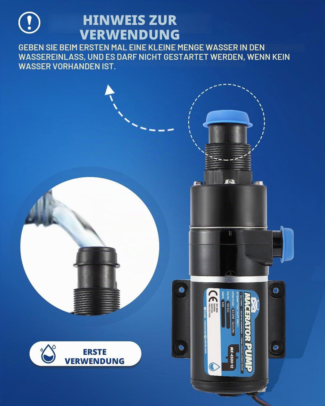 Mxmoonant 12V DC Fäkalien-Absaugpumpe, Zerkleinerungspumpensystem, 32 Lpm/min, 114W, mit vierköpfige