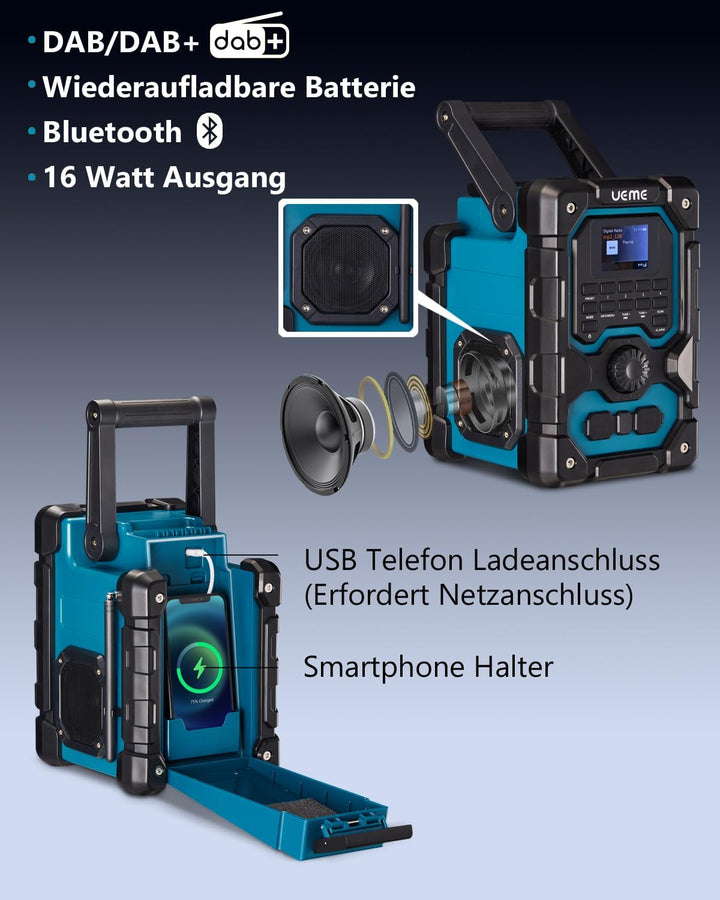 Baustellenradio Robustes DAB+ FM Radio mit Bluetooth 5.0, 16W Stereo-Lautsprecher, 8000mAh Akku bis