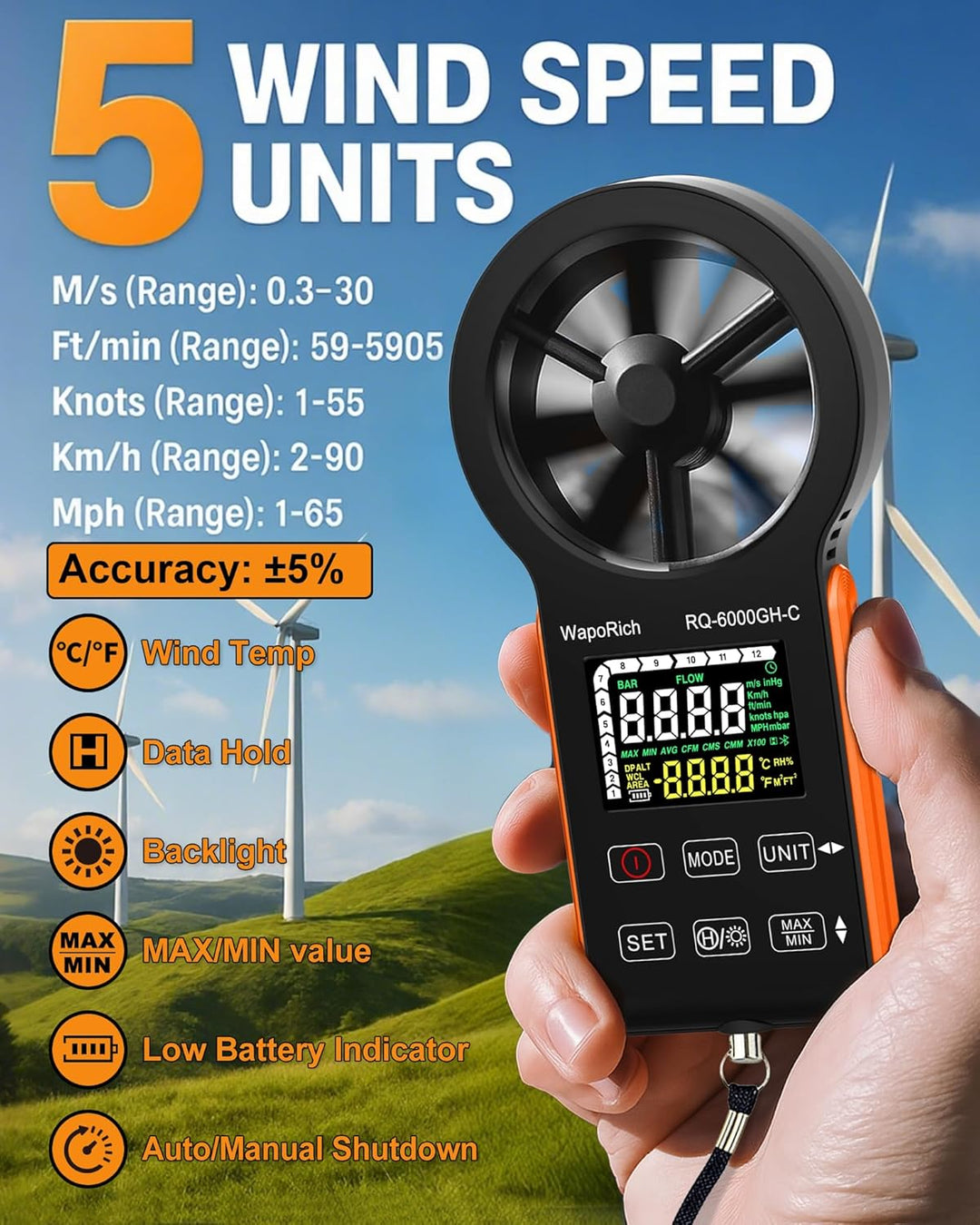 CFM Anemometer Windmesser mit Touchscreen, WapoRich Wiederaufladbares Luftstrommessgerät 0~999900 CF