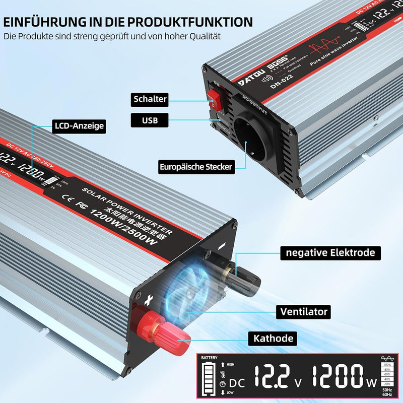 DATOUBOSS 1200W Wechselrichter 12V Auf 230V Reiner Sinus Spannungswandler Spitzenleistung 2500W Mit
