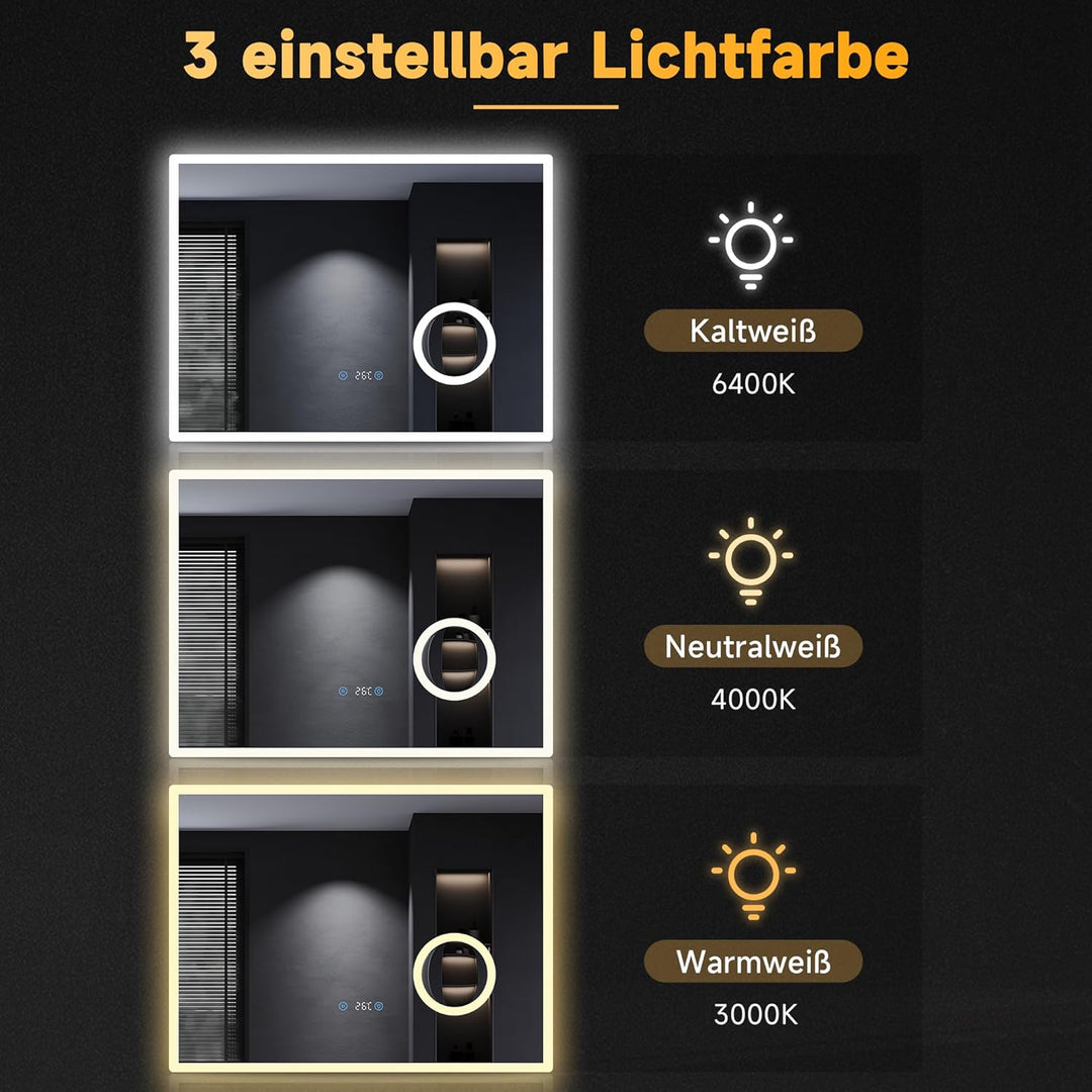 SONNI Badezimmerspiegel mit Beleuchtung 80x60 cm 3 einstellbare Lichtfarbe, Anti-Beschlag LED Badspi