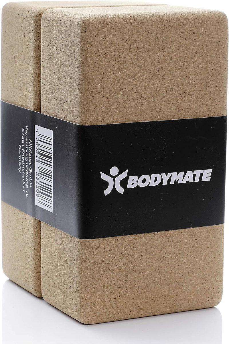 BODYMATE 2er Set Yoga Block aus Kork, Yogablöcke, Korkblock für Yoga, aus 100% ökologischem Kork, Tr