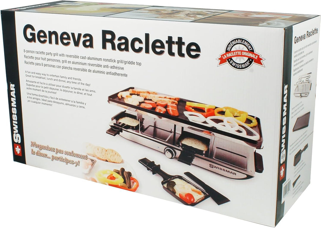 Swissmar Geneva Raclette 8 Personen, Raclette Grill mit Pfännchen und Schiebern, antihaftbeschichtet