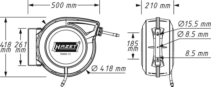 HAZET Schlauchtrommel 9040N-13 | Schlauch-Länge 15 m, Innendurchmesser: 13 mm, Druck: 20 bar für Dru
