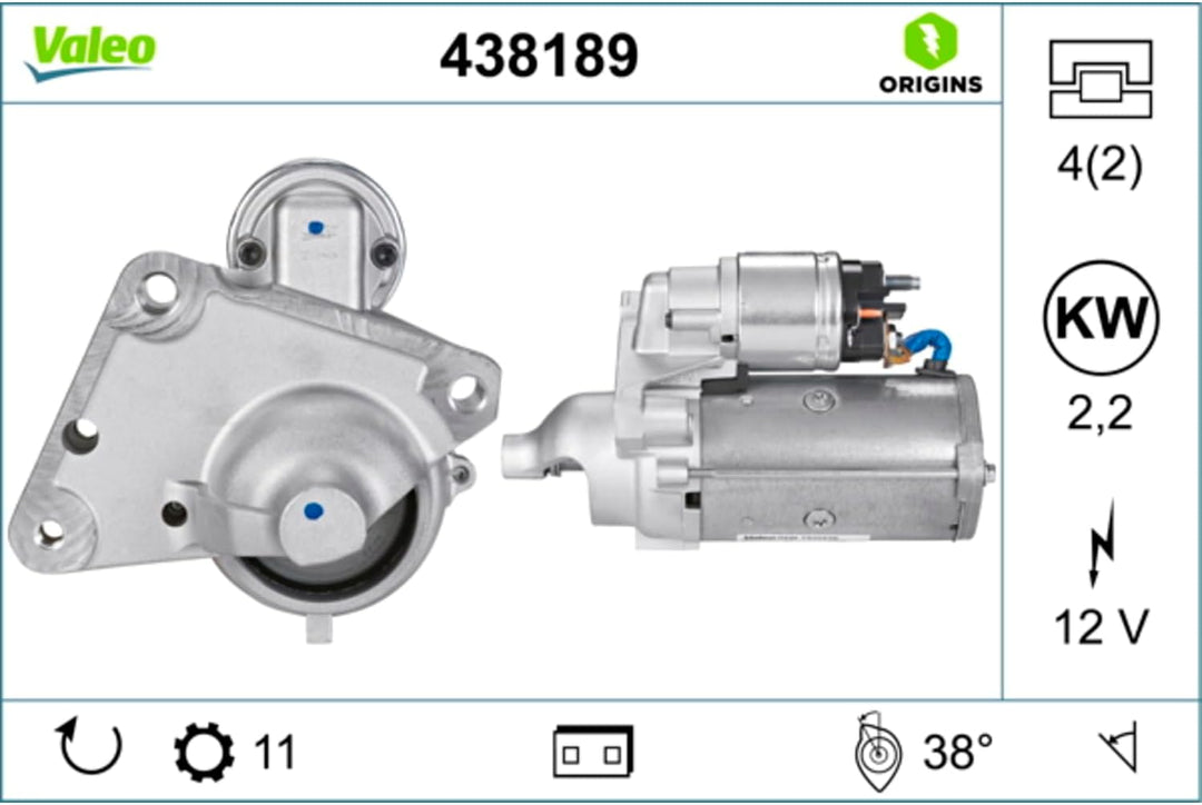 VALEO 438189 Starter Nennleistung: 2,2 kW Stop & Start: NO Zähnezahl: 11 zähne Spannung: 12 V Drehri