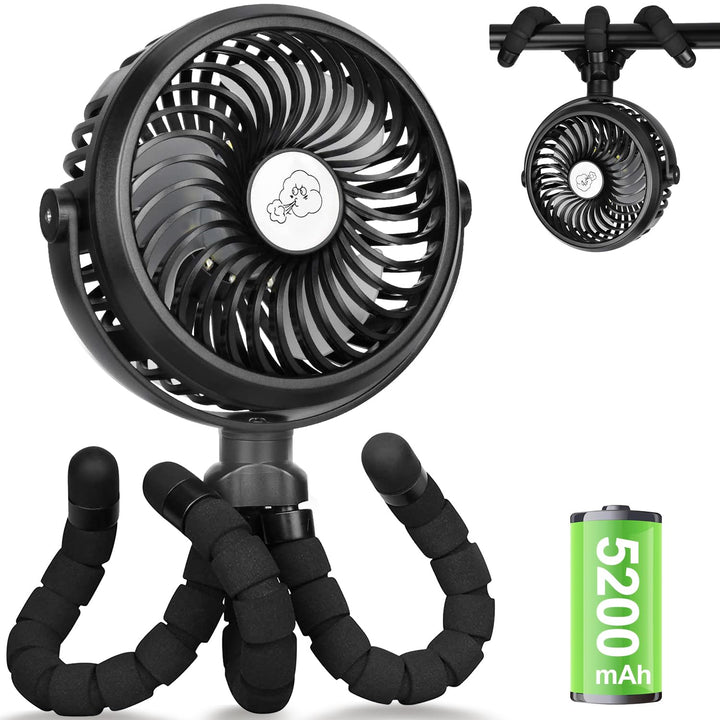 Verbesserte Kinderwagen-Ventilatoren 5200mAh Akku, Leise USB Ventilator mit 3 Stufen & 360° Verstell