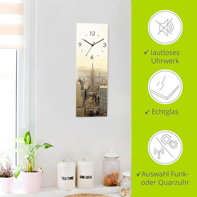 ARTLAND Wanduhr ohne Tickgeräusche Glas Quarzuhr 20x60 cm Rechteckig Lautlos New York Skyline Städte