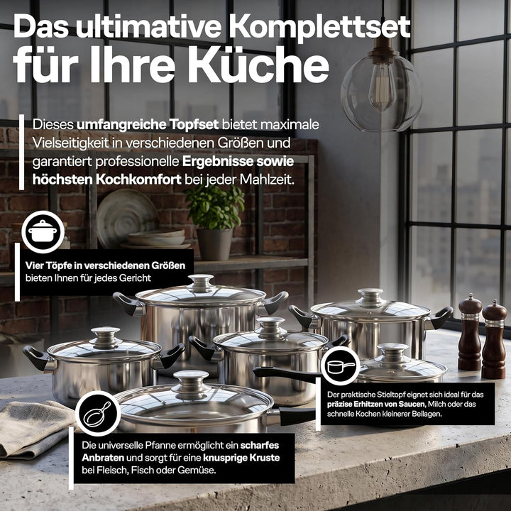 Retoo Topfset Induktion 12-teilig Kochtopf Set mit Glasdeckel Edelstahl Bratpfanne Kühlbleibender Gr