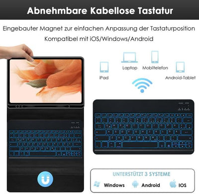 LAMA Tastaturhülle für 12,4 Zoll Samsung Galaxy Tab S9 FE+/S9 Plus/S8+/S7+/S7 FE, Schutzhülle Blueto