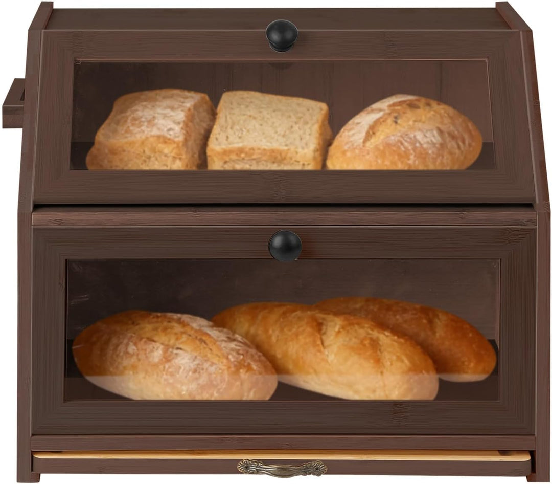 HUOLE Brotkasten aus Bambus mit 2 Etagen - Küchenorganizer, Aus Holz - Mit Sichtfenster und Magnetve