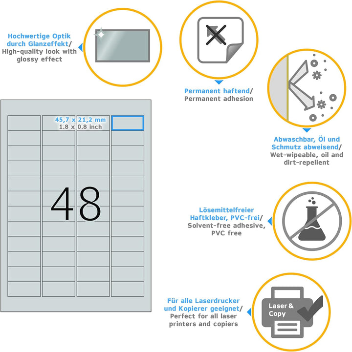 HERMA 4097 Wetterfeste Folienetiketten silber, 25 Blatt, 45,7 x 21,2 mm, 48 Stück pro A4 Bogen, 1200