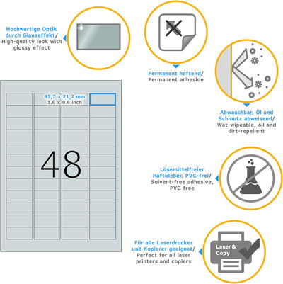 HERMA 4097 Wetterfeste Folienetiketten silber, 25 Blatt, 45,7 x 21,2 mm, 48 Stück pro A4 Bogen, 1200