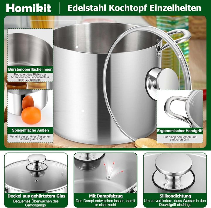 Homikit Kochtopf 9,4L, Gross Suppentopf Topf Induktion aus 3-Lagen Edelstahl für alle Herdearten, Ed