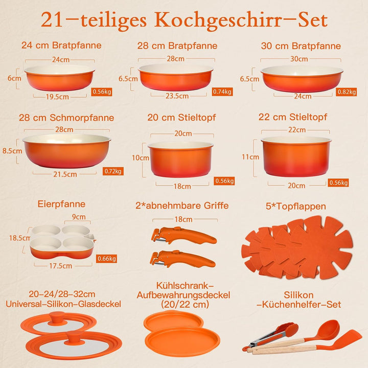 GiPP 21PCS Granit Topfset mit Abnehmbarer Griff,Induktions Topfsets Oranger Farbverlauf 21PCS-Gross,