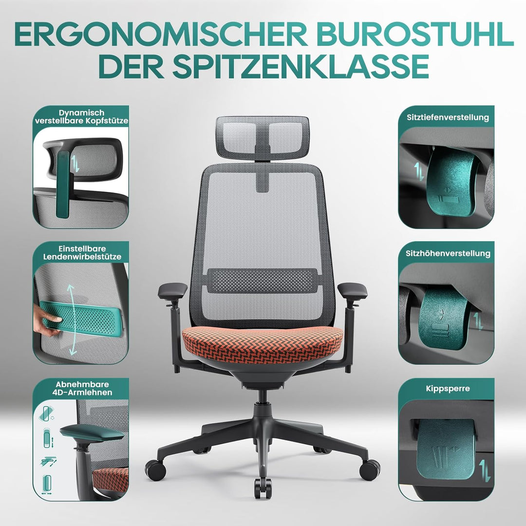 COLAMY Ergonomischer Bürostuhl, Mesh Computerstuhl mit hoher Rückenlehne, Office Chair mit Lendenwir