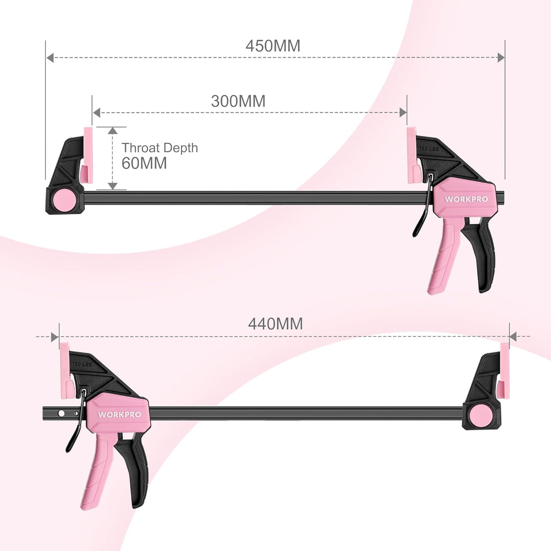 WORKPRO Einhandzwingen Set Rosa 2 Stück Schraubzwingen Spanner, Spannweite 300 mm, Dehnbereich bis z