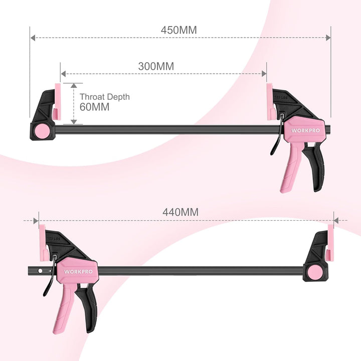WORKPRO Einhandzwingen Set Rosa 2 Stück Schraubzwingen Spanner, Spannweite 300 mm, Dehnbereich bis z