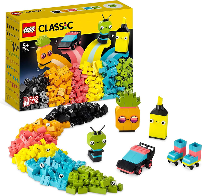 LEGO Classic Neon Kreativ-Bauset, Bausteine-Kiste Set, Konstruktionsspielzeug mit Modellen; Auto, An