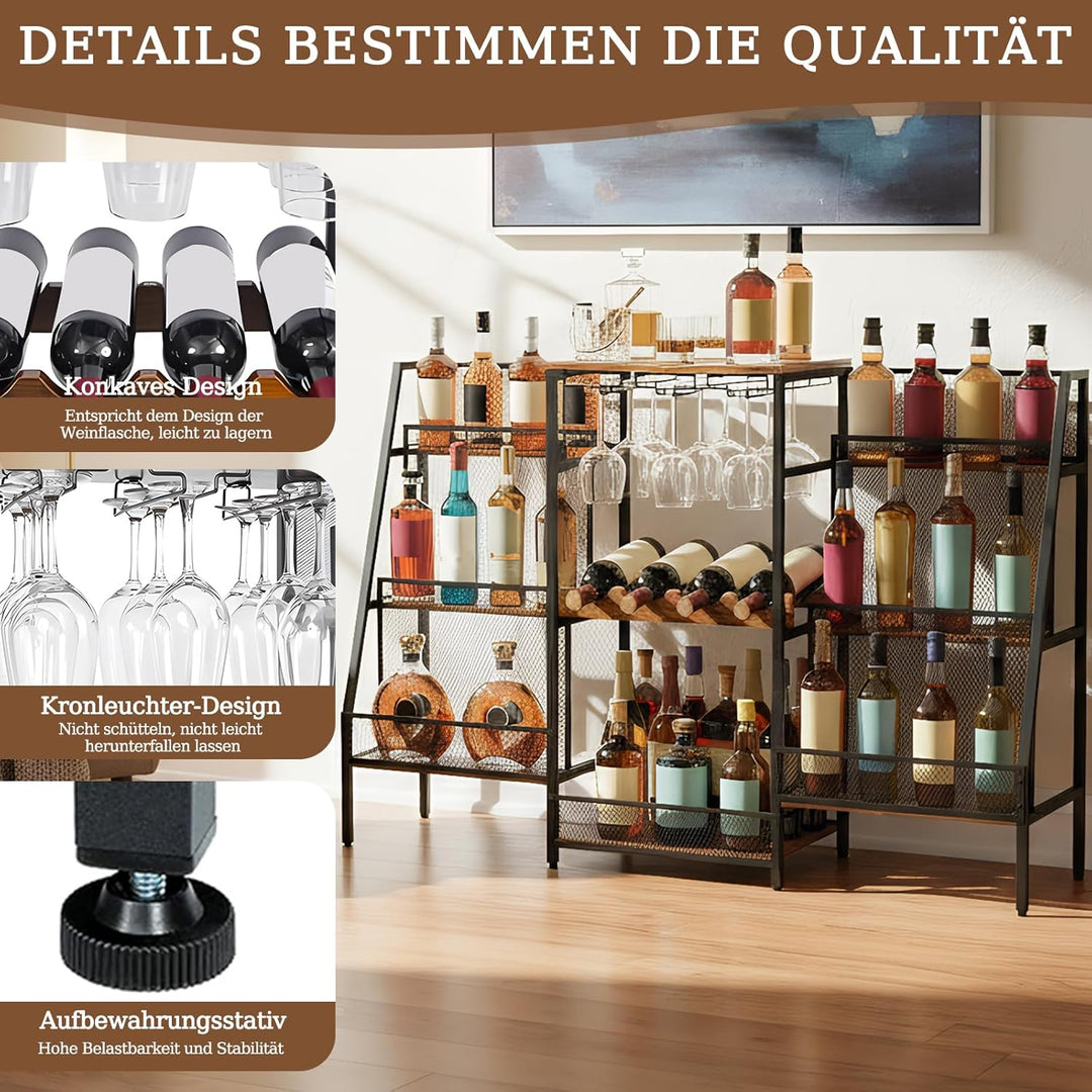 8-Tier Abgestufte Liquor Cabinet Mini Bar, Freistehendes Weinregal mit Geländer und Glashalter, Meta