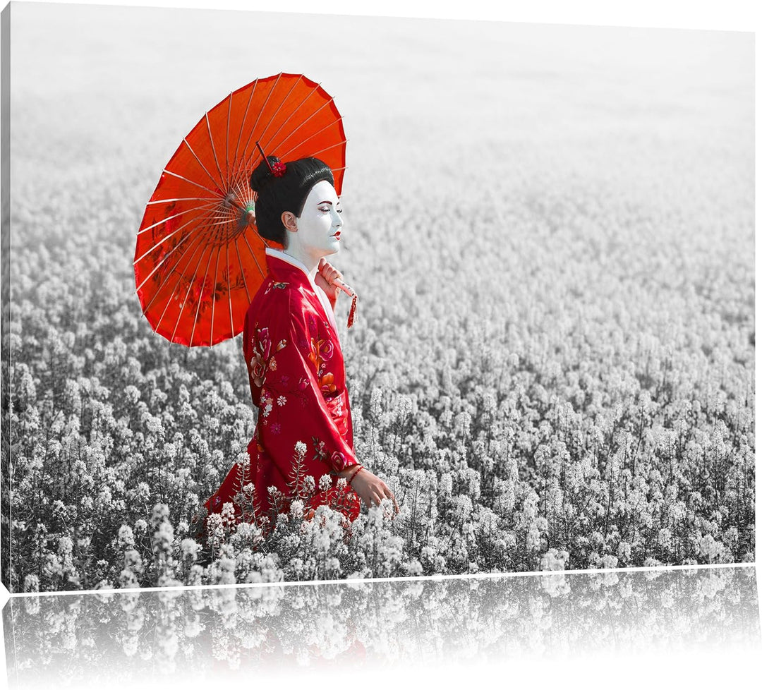 Pixxprint Geisha auf dem Feld / 100x70cm Leinwandbild bespannt auf Holzrahmen/Wandbild Kunstdruck De