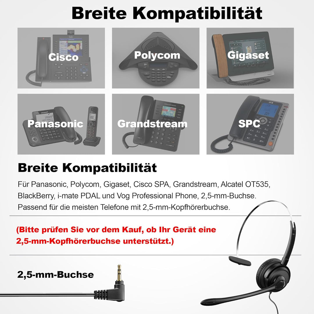 Voistek Einöror Call Center Telefon-Headset, 2,5mm Klinke, Noise Cancelling Mikrofon, Lautstärkeregl