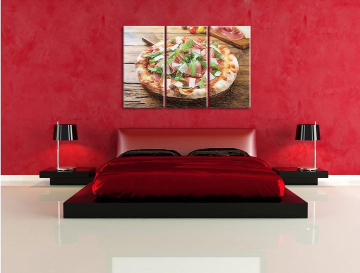 Pixxprint Prosciutto Pizza auf Holztisch / 3-Teilig/Gesamtmass 120cm Leinwandbild bespannt auf Holzr
