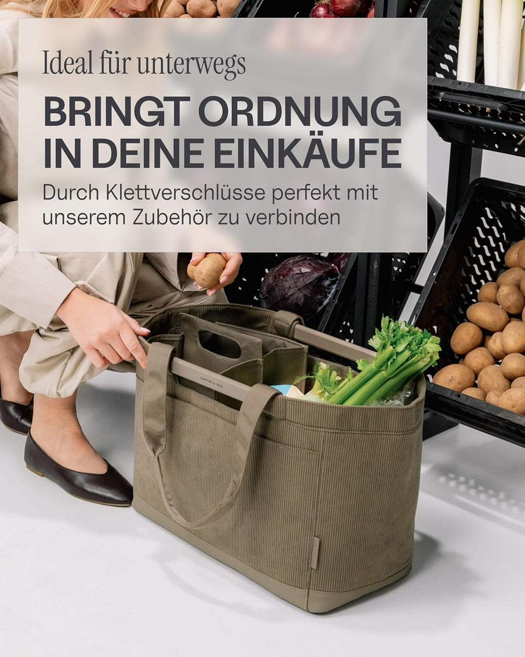Kapten & Son Vaasa Einkaufskorb faltbar Cord Dusty Khaki 25 L | Korb Kord Grün | Inklusive Einkaufsw