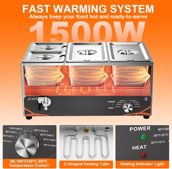 DULNICE Bain Marie Speisewärmer Elektrische Edelstahl 1500W 4 GN-Behältern Wasserbad mit Ablaufhahn,