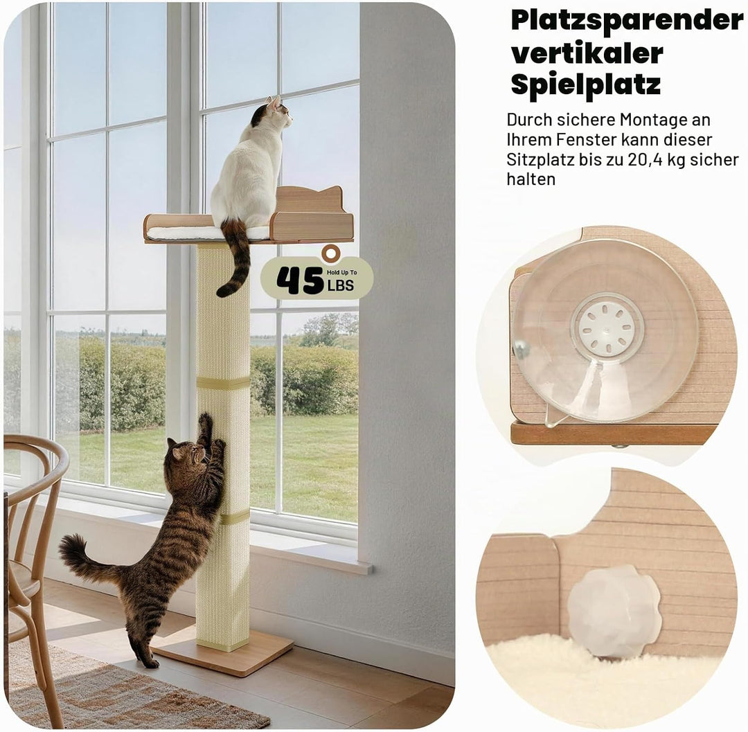 Katzenrastenstange mit Kratzbaum, Katzenhängematte für Fenster mit 2 Saugnäpfen, Sisal Hoher Katzenk