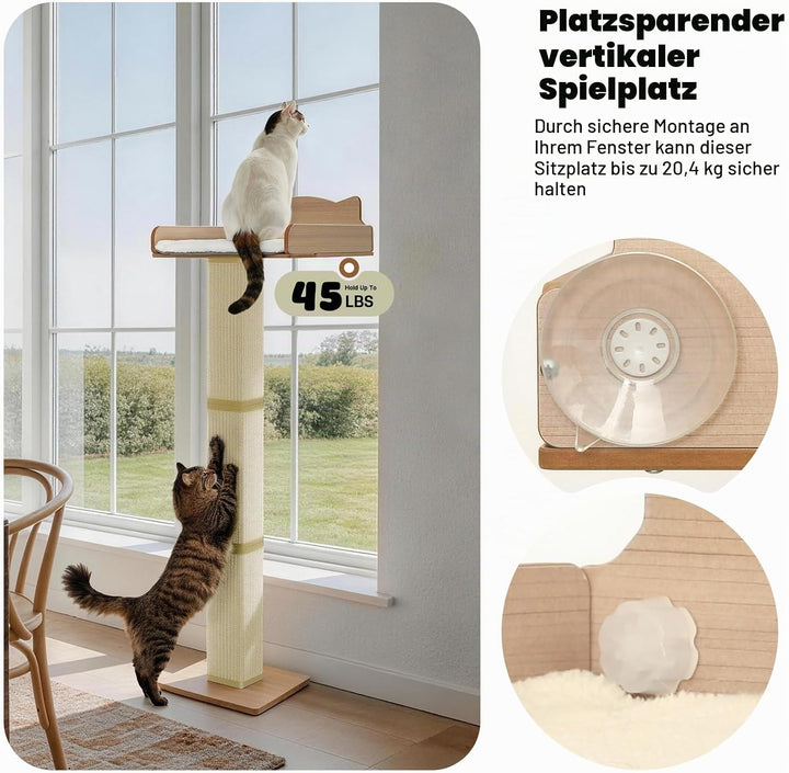 Katzenrastenstange mit Kratzbaum, Katzenhängematte für Fenster mit 2 Saugnäpfen, Sisal Hoher Katzenk