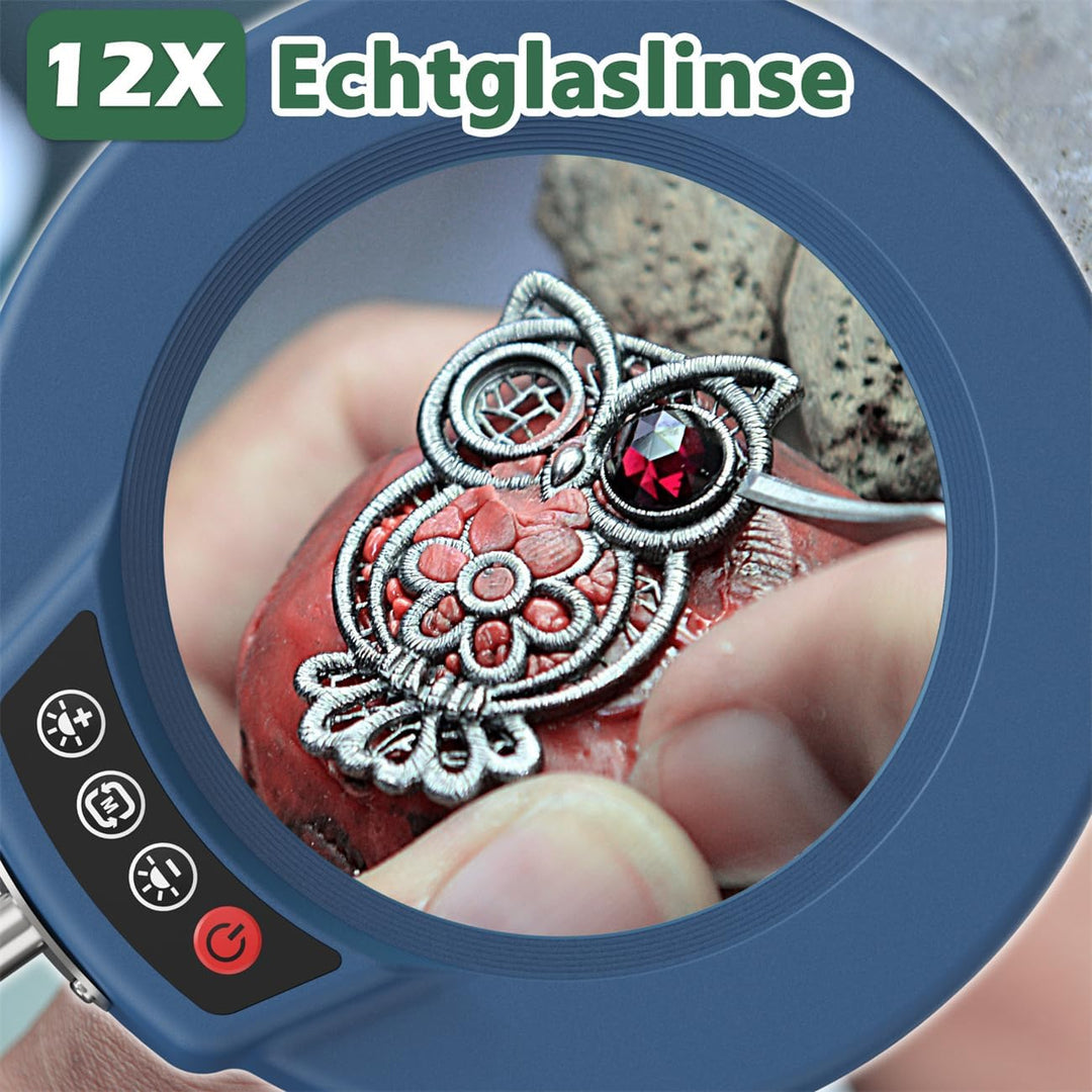 10X Lupe mit Licht und Ständer, Echter Glaslinse 2-in-1 Lupenlampe und Klemme, LED Beleuchtete Lupe