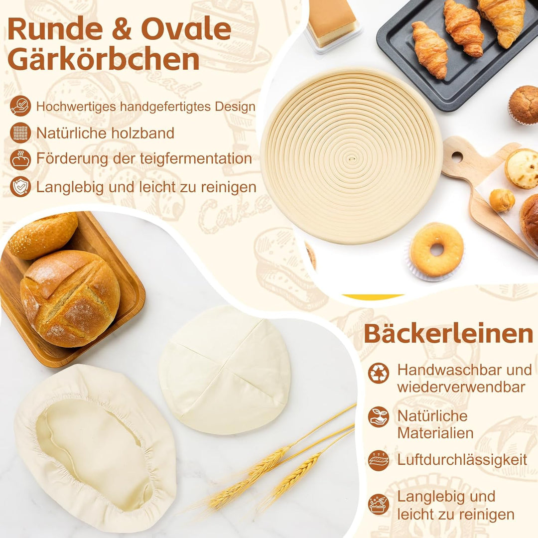 2er-Set Gärkorb Set, Gärkörbchen Rund 23cm & Oval 25cm, Gärfolie für Brot, Bäckermesser, Teigschaber