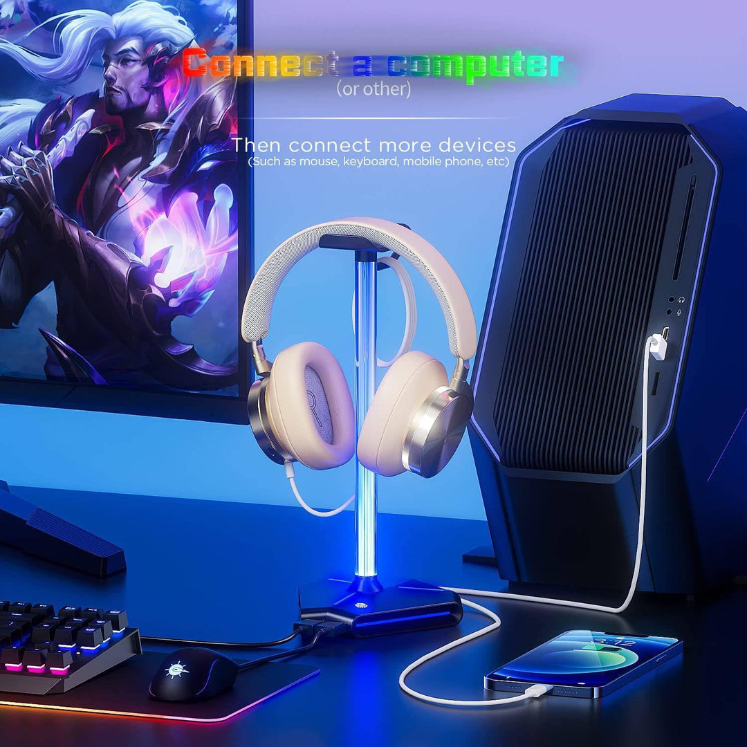 ALACOO RGB Kopfhörer Ständer, Headset Halterung Halter mit 2 USB 2.0-Anschlüssen, Typ C Eingang & Au