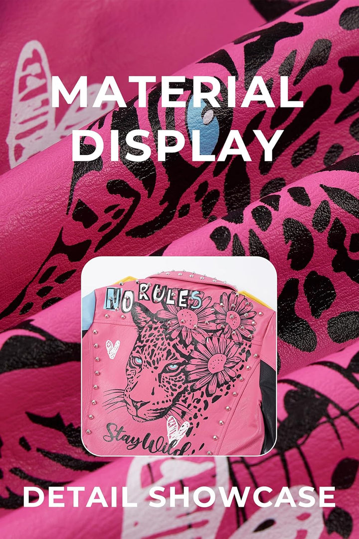 Giolshon Damen Kunstleder Jacke Nieten Floral Moto Biker Kurzer Revers Mantel 3XL 0375_Rosa, 3XL 037