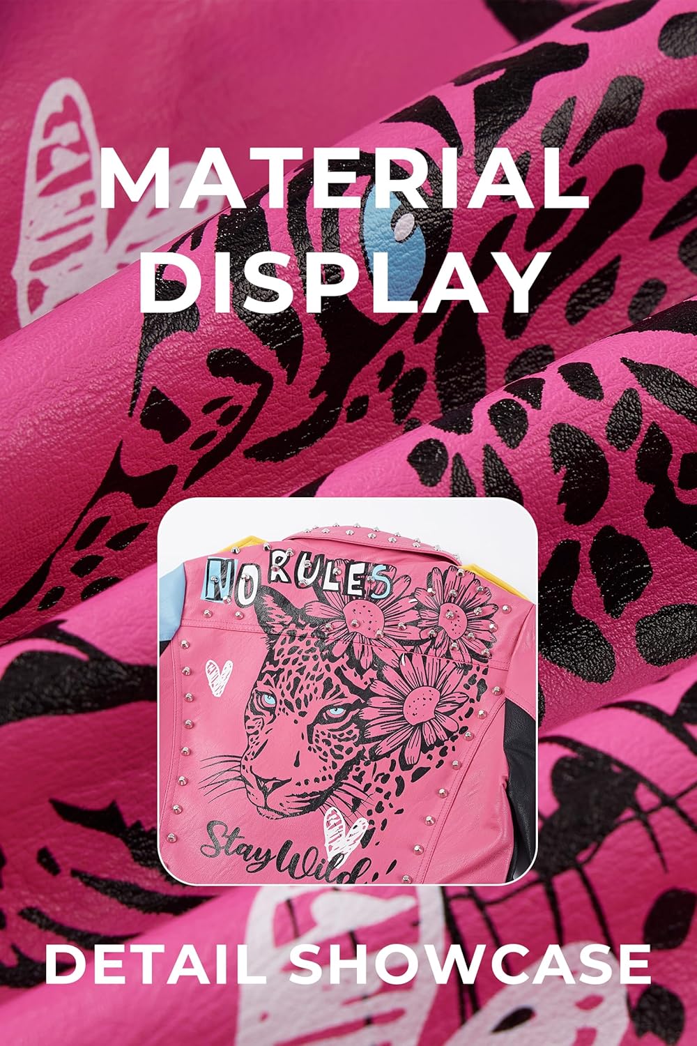 Giolshon Damen Kunstleder Jacke Nieten Floral Moto Biker Kurzer Revers Mantel XL 0375_Rosa, XL 0375_