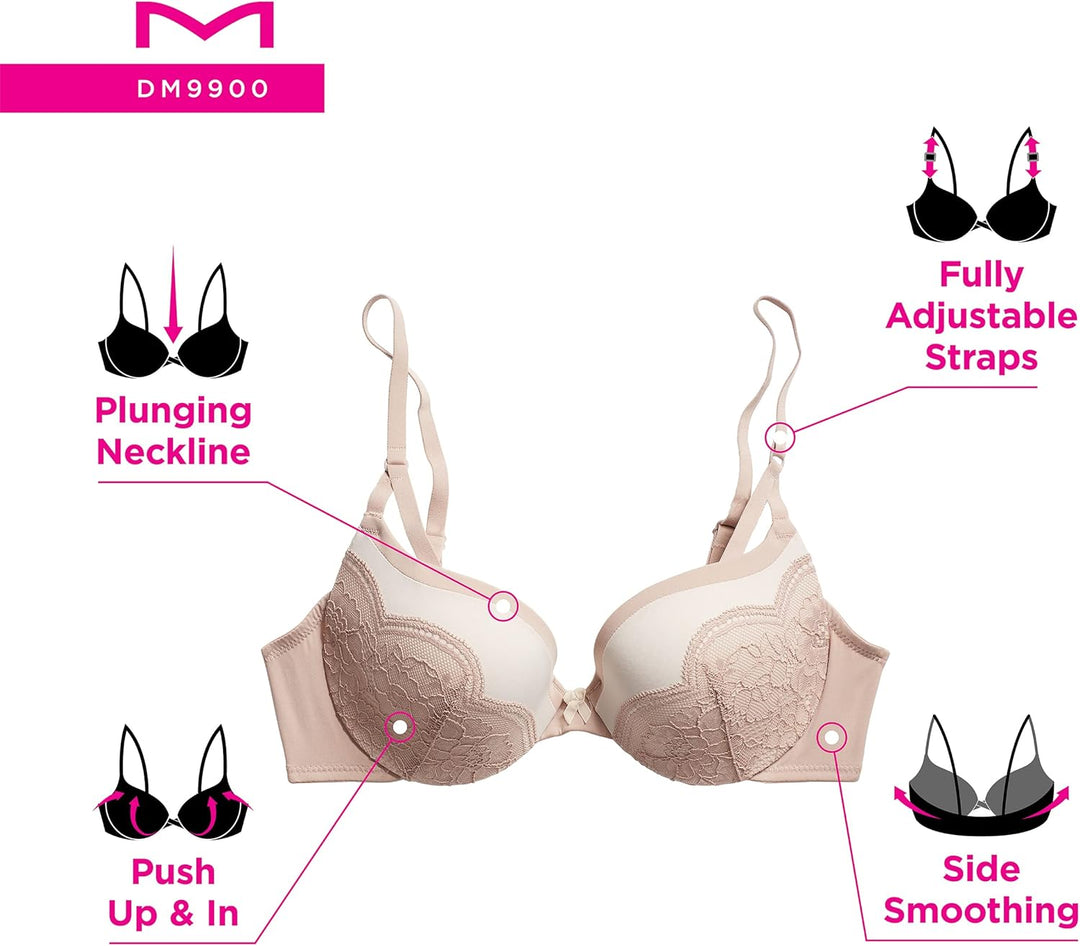 Maidenform Bügel Demi BH, Bester Push Up BH mit Wonderbra Technologie, Glättender Spitzenbesatz BH m