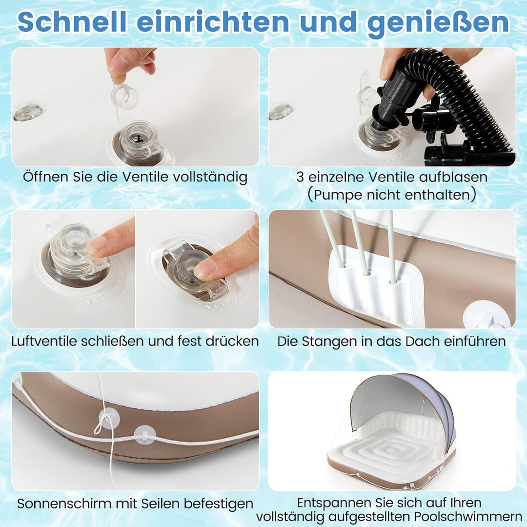 GYMAX Badeinsel Aufblasbar Schwimminsel mit Einziehbarem & Abnehmbarem Vordach Liegeinsel Canopy Isl