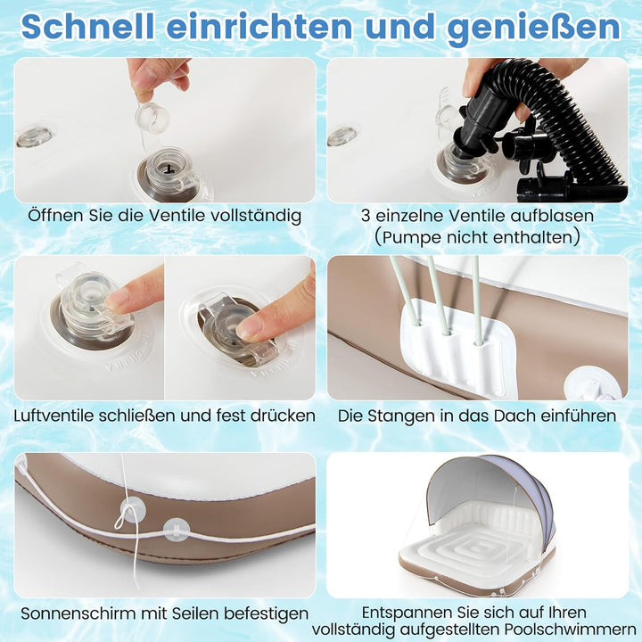 GYMAX Badeinsel Aufblasbar Schwimminsel mit Einziehbarem & Abnehmbarem Vordach Liegeinsel Canopy Isl