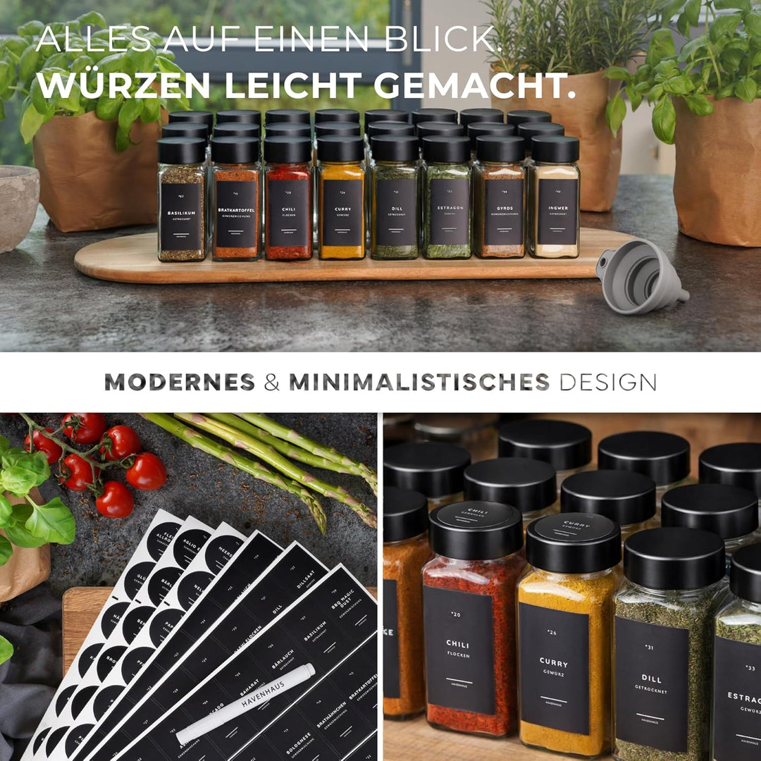 Gewürzgläser Set | hochwertiges Komplettset aus 24x Gewürz Gläser [120ml] inkl. 336 deutschen Gewürz