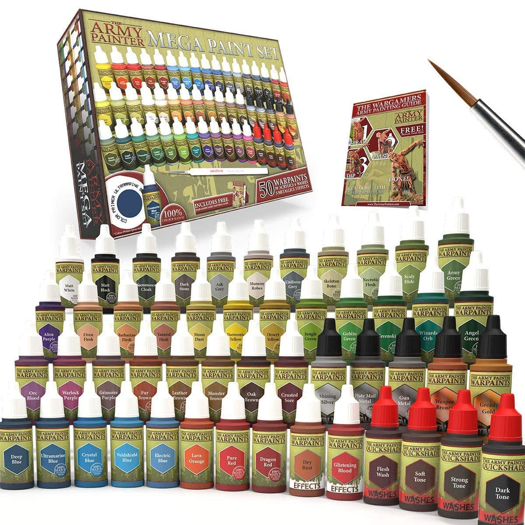 The Army Painter Mega Paint Set Farbset, 50 Warpaint-Farben und 1 Wargamer Regiment Pinsel für Warga