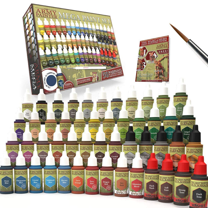 The Army Painter Mega Paint Set Farbset, 50 Warpaint-Farben und 1 Wargamer Regiment Pinsel für Warga