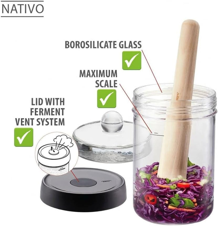GEFU Fermentierglas NATIVO 1 Liter, inkl. Beschwerungsgewicht, Fermentationsglas mit Gewicht und Dec