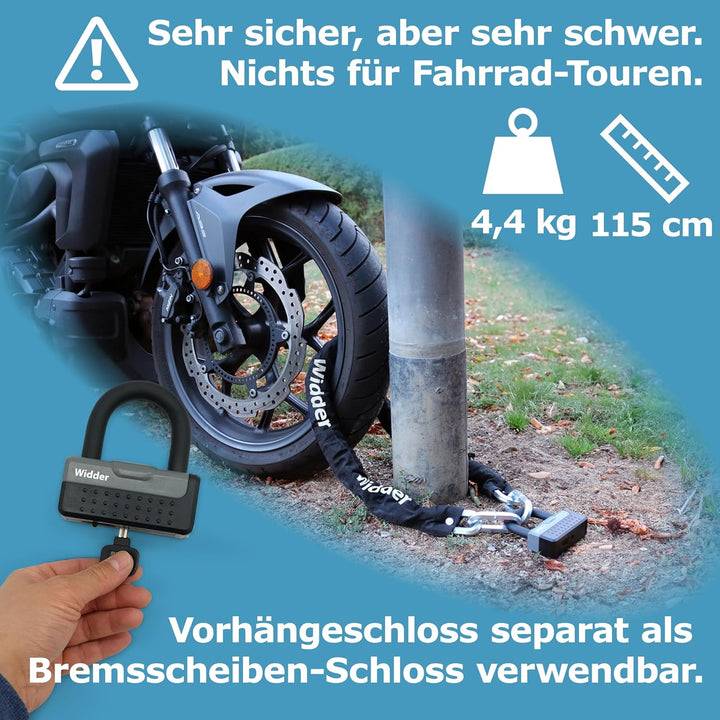 Widder Titan-Stahl [Level 15] Kettenschloss mit 4 Schlüssel - 115cm lang & 11mm massiv - für Motorra