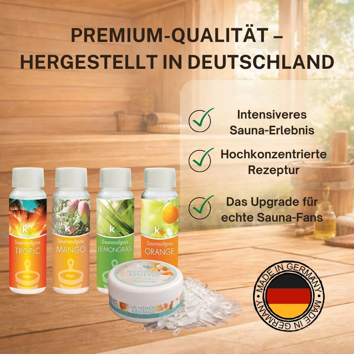 Sauna Set | KK Saunaaufgussset 4 x 100 ml + 50g Mentholkristalle | Saunakonzentrat + Menthol-Kristal
